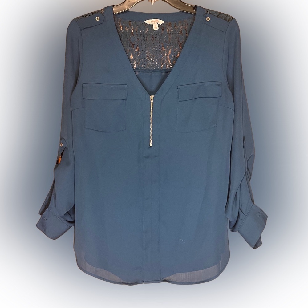 Candies 1/4 Zip Roll Tab Sleeve Back Lace Detail Blouse Top Size Medium